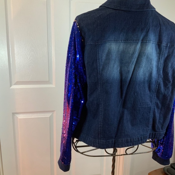Touch Me Blue Sequin Denim Glitter Sleeve Jacket Plus Size 1X - Picture 6 of 8